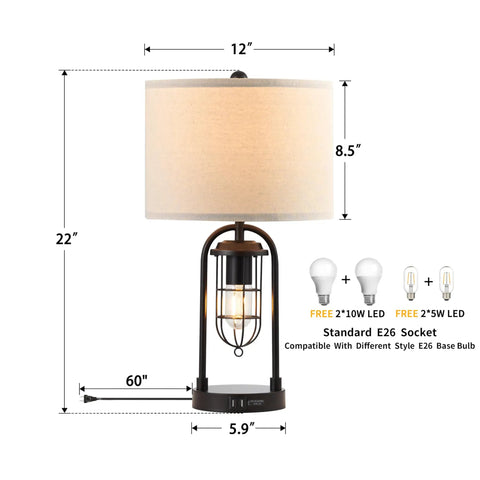 Cool Industrial Modern Table Lamps Set Of 2 With Night Light And Dual USB Ports Type A And Type C Nightstand Lamps