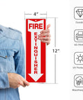 Person holding Fire Extinguisher Sign 12 By 4 Inch Aluminum Metal Built Tough Reflective Weatherproof Indoor Outdoor Use 12 Pack Pre Drilled Holes Easy To Install That Lasts For Years, highlighting durability and features.