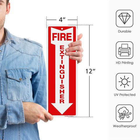 Person holding Fire Extinguisher Sign 12 By 4 Inch Aluminum Metal Built Tough Reflective Weatherproof Indoor Outdoor Use 12 Pack Pre Drilled Holes Easy To Install That Lasts For Years, highlighting durability and features.