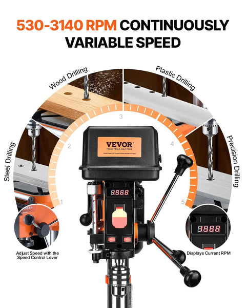 Built Different 12 Inch Benchtop Drill Press With Beefy 5 Amp Motor And Variable Speed Control, showing speed control display and drill settings.
