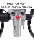 Close-up of robust pump body of Portable 1800 Watt Airless Paint Sprayer Delivers 2175 Psi High Pressure For Smooth Atomization.