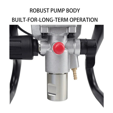 Close-up of robust pump body of Portable 1800 Watt Airless Paint Sprayer Delivers 2175 Psi High Pressure For Smooth Atomization.