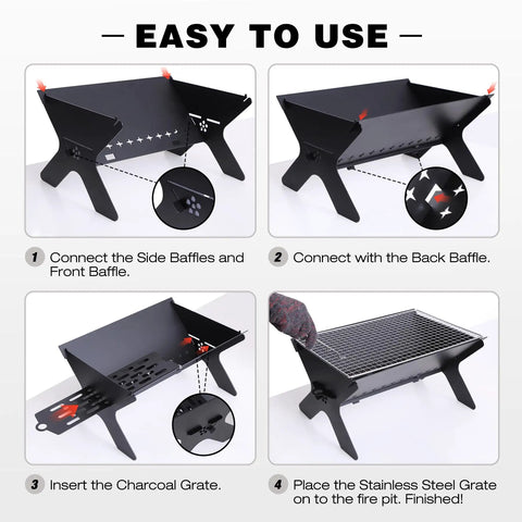 Assembly steps for Portable Campfire Grill For Outdoors Large Folding Stainless Steel Fire Pit With Grill And Carry Bag Heavy Duty Charcoal BBQ For Camping Backyard Bonfires Patio And Beach Picnics.