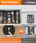 Expandable Silverware Drawer Organizer For Kitchen Drawers 3 To 5 Compartments Utensil Tray Fits Spoons Forks And Knives Black BPA Free Multipurpose Cutlery Tray Space Saver For Small Or Large Drawers shown installed in a kitchen drawer.