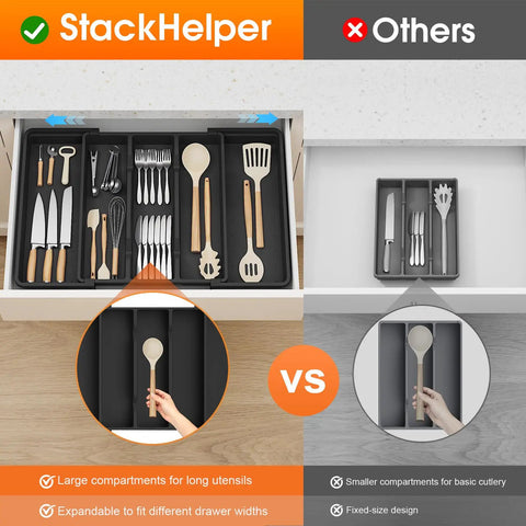 Expandable Silverware Drawer Organizer For Kitchen Drawers 3 To 5 Compartments Utensil Tray Fits Spoons Forks And Knives Black BPA Free Multipurpose Cutlery Tray Space Saver For Small Or Large Drawers shown installed in a kitchen drawer.