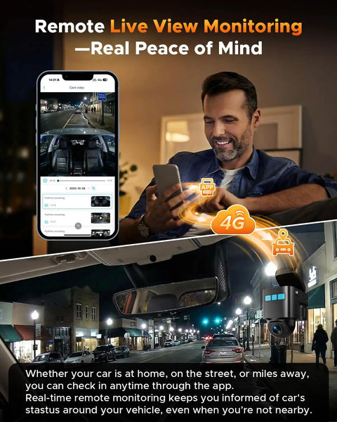 Man using smartphone to access 4G LTE Cellular Dash Cam With Live Streaming And GPS Tracking, Pro Grade Dual Car Security Cameras