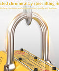 Front view of a magnetic lifter with U-shaped chrome alloy steel lifting ring on a yellow base; 440 lb capacity.