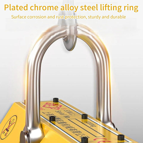 Front view of a magnetic lifter with U-shaped chrome alloy steel lifting ring on a yellow base; 440 lb capacity.