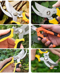 Collage of Three Pack Garden Pruning Shears With Stainless Steel Blades Handheld Clippers For Gardening Snips And Pruners Durable Yard Shears With Locking Safety Comfortable Grip Versatile Garden Cutting Tools, in use on various plants, with yellow, orange, and black color options.
