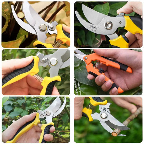 Collage of Three Pack Garden Pruning Shears With Stainless Steel Blades Handheld Clippers For Gardening Snips And Pruners Durable Yard Shears With Locking Safety Comfortable Grip Versatile Garden Cutting Tools, in use on various plants, with yellow, orange, and black color options.