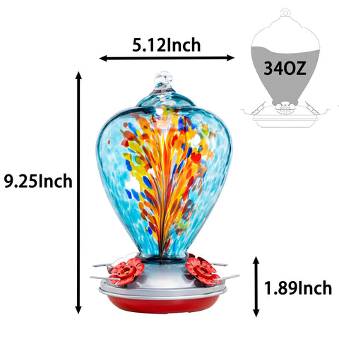 Front view of 34oz Comet Design blown glass hummingbird feeder with vibrant blue colors and dimensions shown.