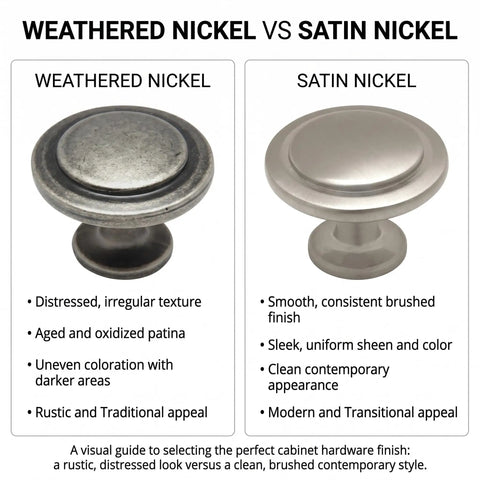 Comparison of Top Tier Weathered Nickel Cabinet Handles and Satin Nickel knobs showcasing texture and finish differences.