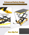 KAFLLA double scissor hydraulic lift table cart with foldable handle; 330 lb capacity; yellow frame, black anti-slip platform.