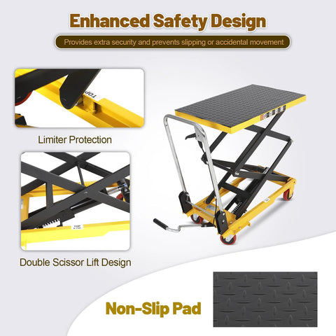 KAFLLA double scissor hydraulic lift table cart with foldable handle; 330 lb capacity; yellow frame, black anti-slip platform.