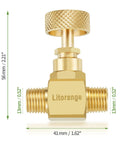 Front view of Litorange brass needle valve with knurled adjustment knob and 1/4 in NPT male ports.