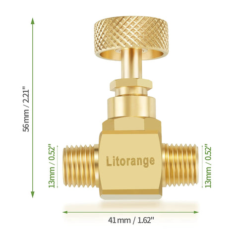 Front view of Litorange brass needle valve with knurled adjustment knob and 1/4 in NPT male ports.