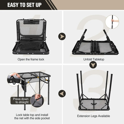 Easy setup steps for Small Folding Grill Table For Outdoors With Three Adjustable Heights Lightweight Portable Aluminum Camp Table