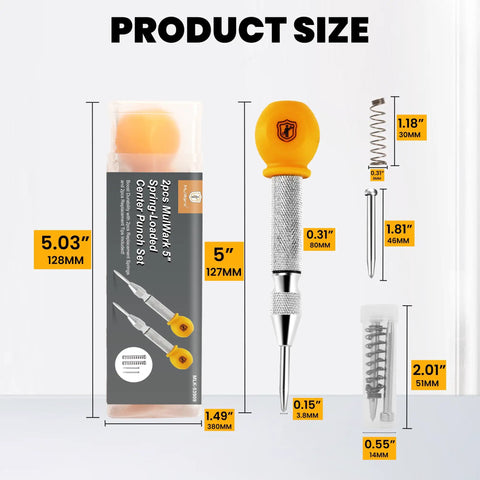5 Inch Automatic Center Punch Set With Spring Loaded Action for Metal Wood Plastic shown with parts and dimensions
