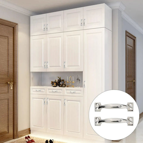 White cabinet with Bow Shaped Gate Handles Set Of 4 Metal Pulls For Cabinets Wardrobes Cupboards Fences And Garage Doors shown