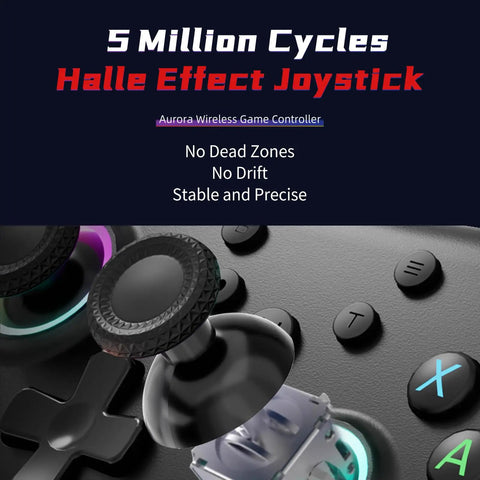 Aurora II 2.4G Wireless Bluetooth Controller close-up showing Hall Effect joystick and buttons, highlighting precision and durability.