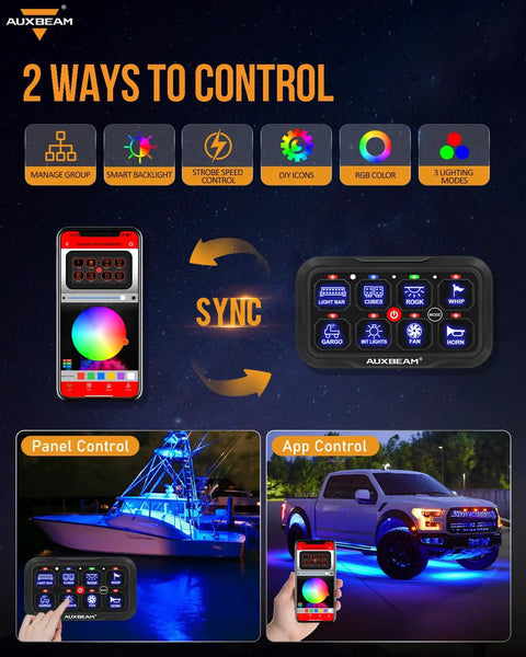 Eight Gang Bluetooth RGB Switch Panel With App Control for Trucks SUVs ATVs UTVs RVs shown with app interface and controls.