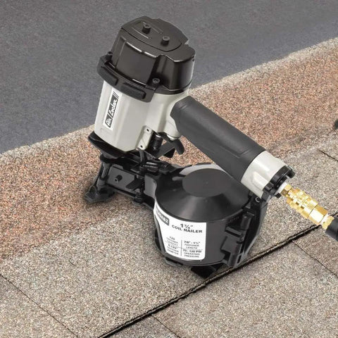 Pro Grade Coil Roofing Nailer Fires 1-3/4 Inch 15 Degree Fasteners With Lightweight Aluminum Body on roofing shingles.