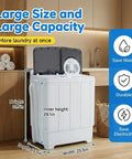 Slick Portable Twin Tub Washing Machine, 28 Pound Capacity Featuring Drain Pump, semi automatic unit dimensions and details displayed.