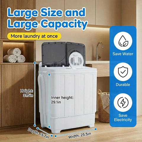 Slick Portable Twin Tub Washing Machine, 28 Pound Capacity Featuring Drain Pump, semi automatic unit dimensions and details displayed.