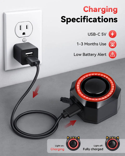 High Impact Car Alarm System With Vibration Sensor 120dB Siren And Red Strobe Lights Dual Alert Security For Your Ride Easy Install Deterrence Against Thieves Auto Arm And Alarm On Vibration, USB-C charging view