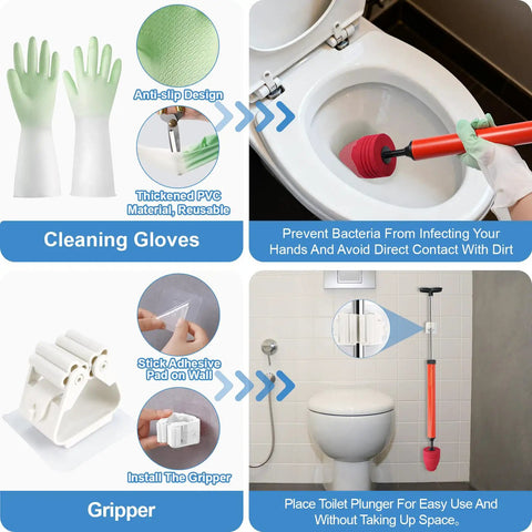 High Pressure Air Toilet Plunger With Flexible Drain Snake For Blasting Through Stubborn Bathroom And Kitchen Clogs, with cleaning gloves and gripper.