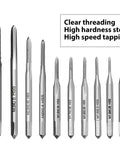 Micro Taps Bit Set 10Pcs Metric Hand Taps M1 To M3 Point Five displayed with threading tips and details in HSS material for DIY use.