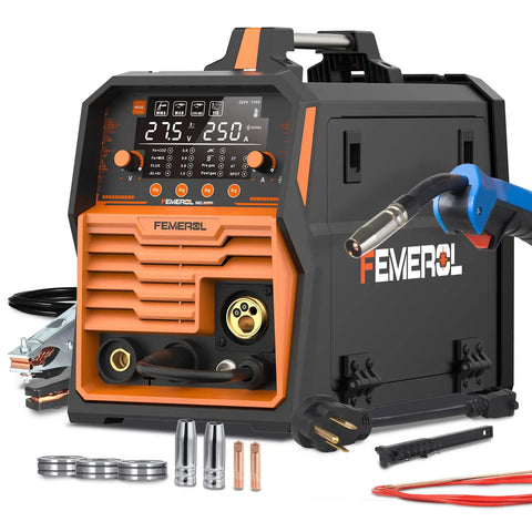 6 In 1 MIG TIG Stick Welder With Gasless Flux Core MIG Gas MIG Lift TIG Spot Welding Spool Gun Ready Large LED Display Dual 110V 220V Aluminum Welder showing front panel and accessories