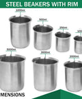 Heavy Duty Stainless Steel Beaker With Pouring Rim Killer Heat Resistance Low Form Lab Vessel Built Tough Chemistry Mixing Cup Ready For Any Lab Grind Super Solid 32 Ml Size image showing various sizes of stainless steel beakers