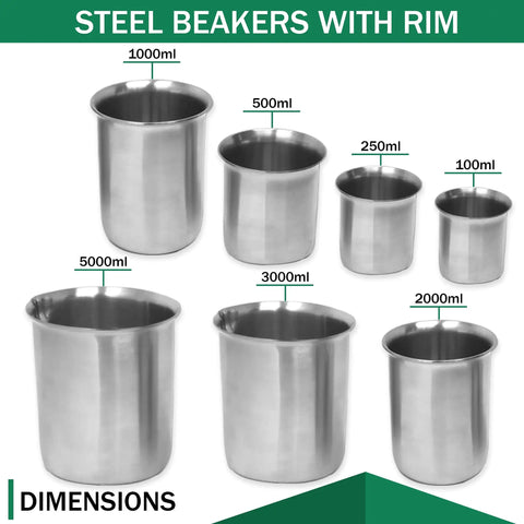 Heavy Duty Stainless Steel Beaker With Pouring Rim Killer Heat Resistance Low Form Lab Vessel Built Tough Chemistry Mixing Cup Ready For Any Lab Grind Super Solid 32 Ml Size image showing various sizes of stainless steel beakers