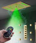 Top Shelf Led Shower System With Built In Bluetooth Speakers And 15X23 Panel Delivers mist and light with remote control and body jets.