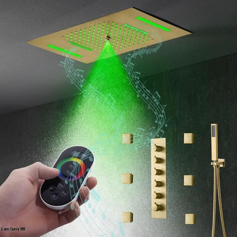 Top Shelf Led Shower System With Built In Bluetooth Speakers And 15X23 Panel Delivers mist and light with remote control and body jets.