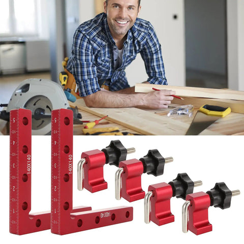 Pro Grade Aluminum Corner Clamps For Woodworking Must Have 90 Degree Right Angles 2 Pack Five And A Half Inch By Five And A Half Inch Durable Rust Resistant Clamps For Cabinets Picture Frames And Drawers Quick Alignment shown with woodworker using clamps, measuring wooden planks on a workbench with tools.