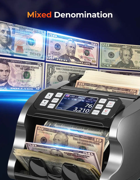 Mixed Denomination Money Counter With Multi Currency Support showing USD bills and dual display in use