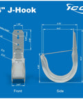 Diagram showing front and side view of 4-Inch Wall Mount J Hook 25-Pack With Retainer Clips Galvanized Steel Zinc Finish