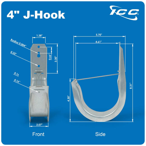 Diagram showing front and side view of 4-Inch Wall Mount J Hook 25-Pack With Retainer Clips Galvanized Steel Zinc Finish