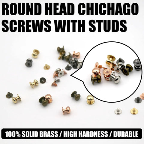Badass DIY Leather Hardware 125 Piece Round Head Chicago Screw Set assorted colors, solid brass studs for crafting.