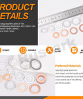 Oil Drain Plug Gasket And Crush Washer Set With 14 Sizes Aluminum And Copper Flat Washers for Automotive with ruler showing sizes.