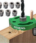No Fuss Self Centering Doweling Jig Kit Boasting Anodized Aluminum Body and Heavy Duty High Speed Steel Bushings on wood.