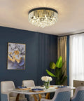 Black 9 Light Crystal Chandelier Modern Semi Flush Ceiling Light Fixture in dining room setting with lit glow