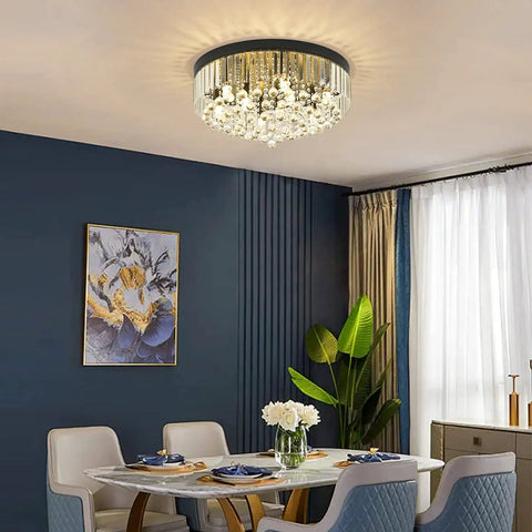 Black 9 Light Crystal Chandelier Modern Semi Flush Ceiling Light Fixture in dining room setting with lit glow