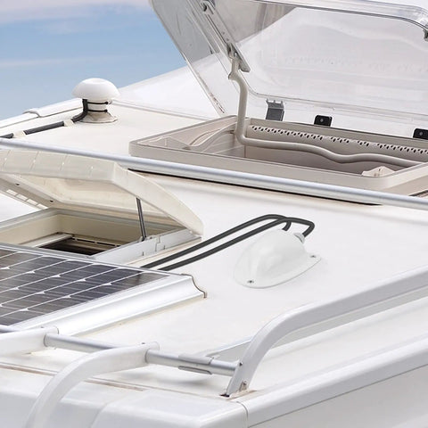 Two Pack White Solar Double Cable Entry Gland Box For RV Roofs Boats And Yachts Waterproof ABS Housing Fits 14 AWG To 10 AWG Cables All Cable Types And Roof Mount Ready installed on RV roof.