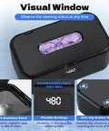 Hella Fresh Ultrasonic Jewelry Cleaner With Smooth 50 Khz Uv Tech 24 Oz Stainless Tank Digital Timer shows visual window and settings.