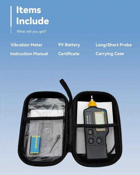 Pro Grade Handheld Vibration Meter Digital Tester with accessories in carrying case, 9V battery, and manual included.