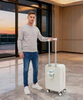 20 Inch Carry On Suitcase With Built In Cup Holder And Usb Charging Port Hardshell Travel Bag in modern lobby setting.