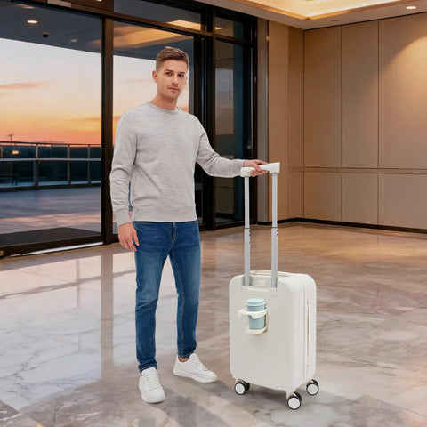 20 Inch Carry On Suitcase With Built In Cup Holder And Usb Charging Port Hardshell Travel Bag in modern lobby setting.